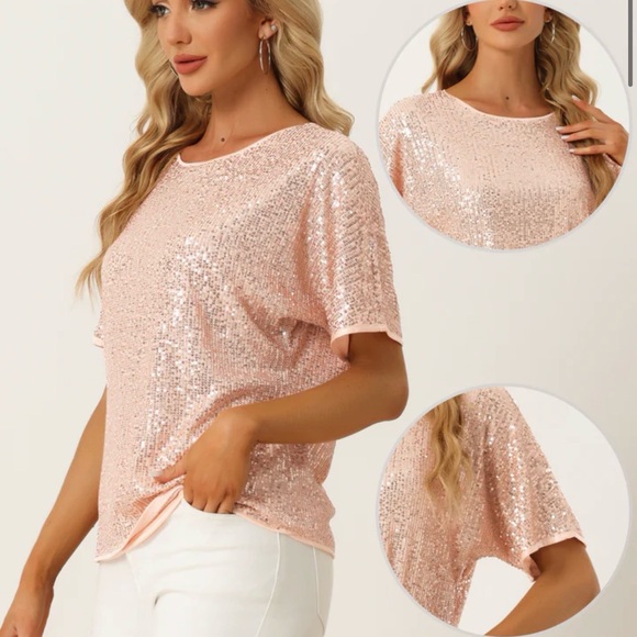 Allegra K Sparkling Blush Sequin Blouse - Picture 4 of 4
